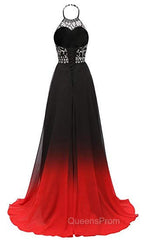 Red And Black Halter Beaded Chiffon Party Dress, A-Line Gradient Evening Dress