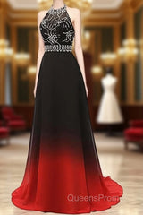 Red And Black Halter Beaded Chiffon Party Dress, A-Line Gradient Evening Dress