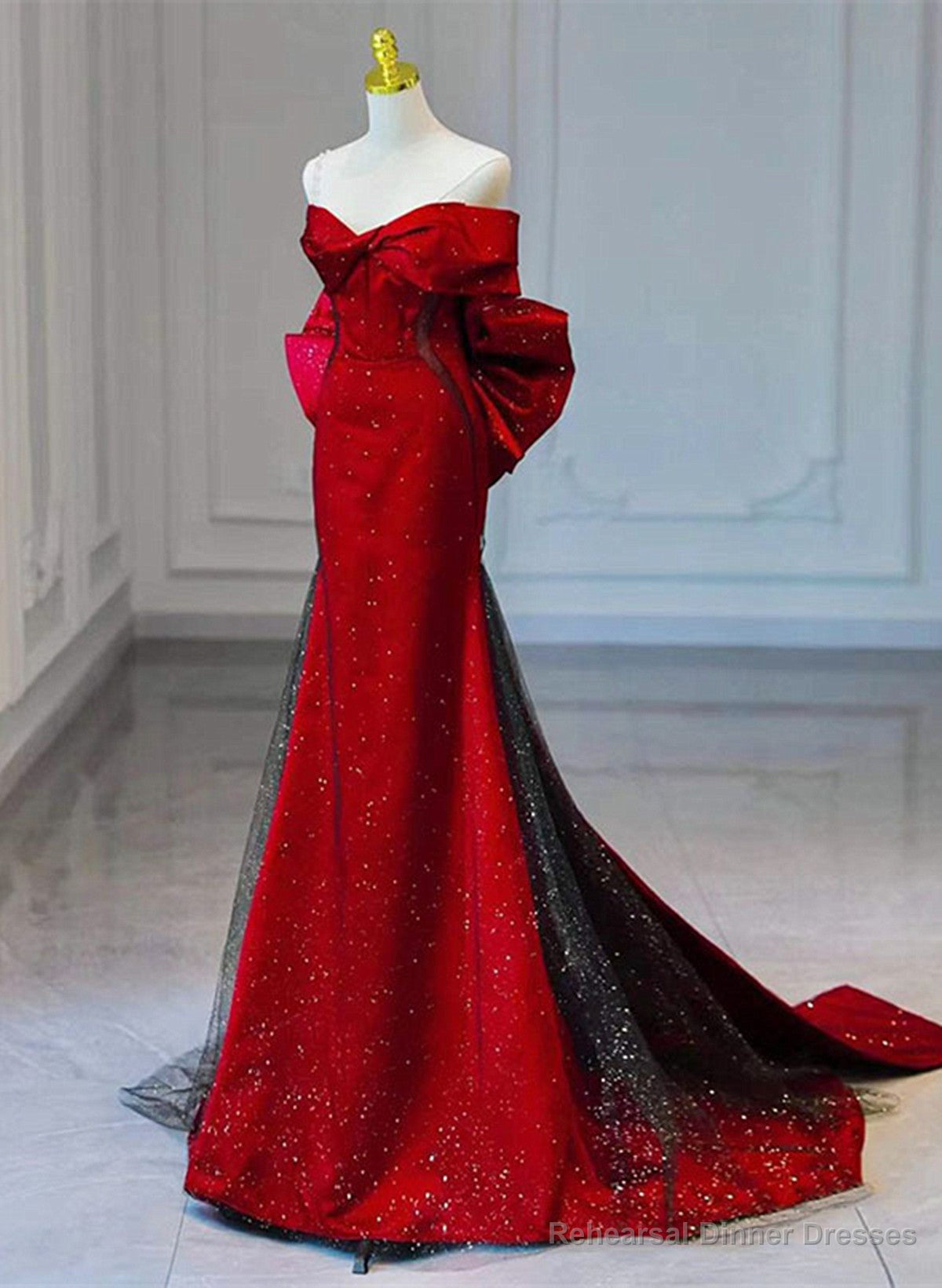 Red and Black Off Shoulder Mermaid Long Party Dress, Red and Black Prom Dress Main image