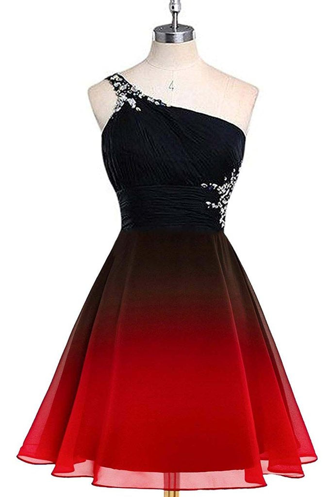 Red And Black One Shoulder Chiffon Beaded Homecoming Dress, Gradient Short Classy Prom Dress Main image