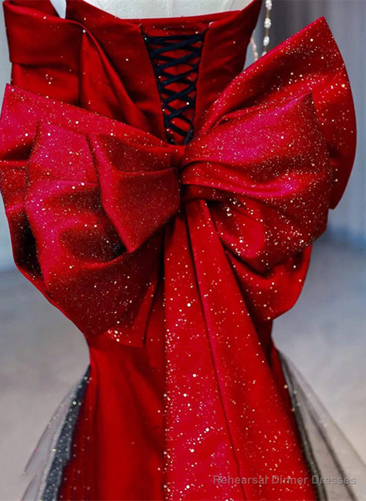Red and Black Sweetheart Off Shoulder Formal Dress, Long Prom Dress with Bow Secondary image