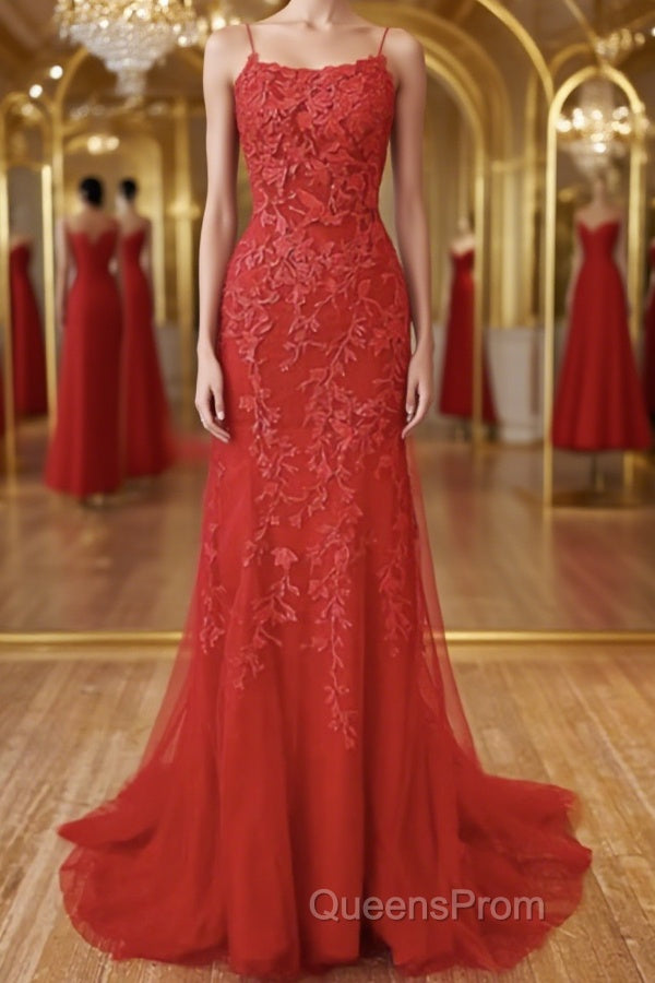 Red Backless Lace Evening Prom Dress, Red Open Back Lace Formal Evening Dress Main image