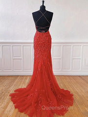 Red Backless Lace Evening Prom Dress, Red Open Back Lace Formal Evening Dress