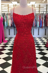 Red Backless Mermaid Lace Evening Prom Dress, Red Backless Lace Formal Graduation Evening Dress