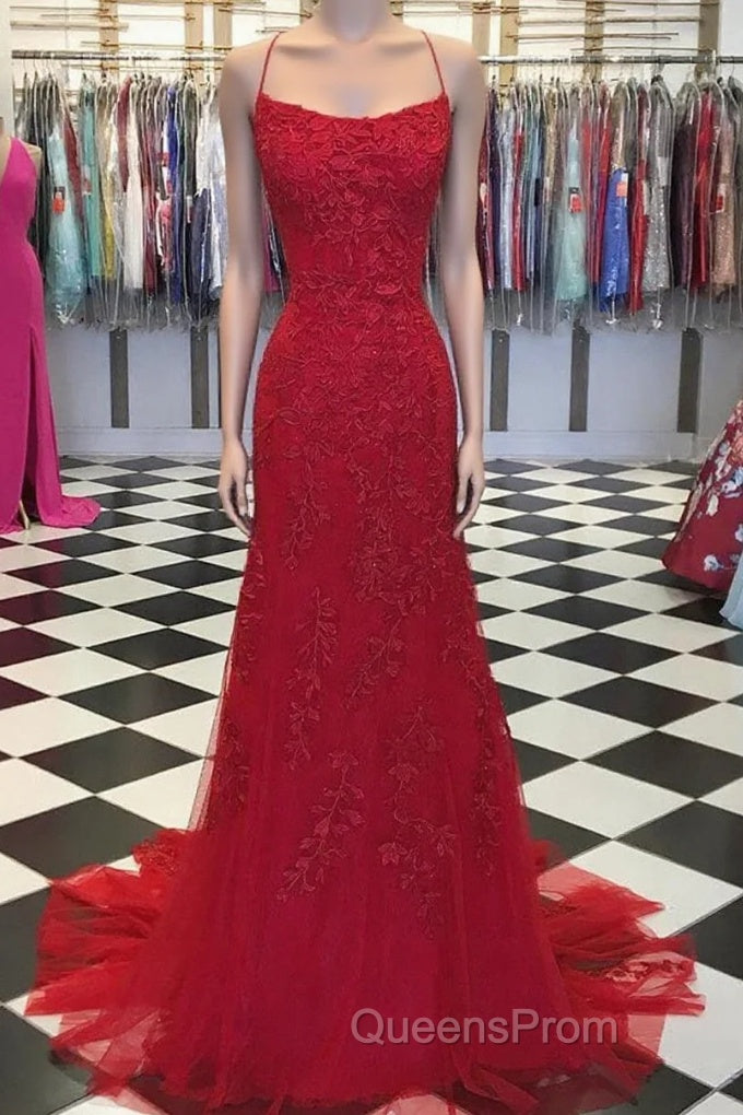Red Backless Mermaid Lace Evening Prom Dress, Red Backless Lace Formal Graduation Evening Dress Main image