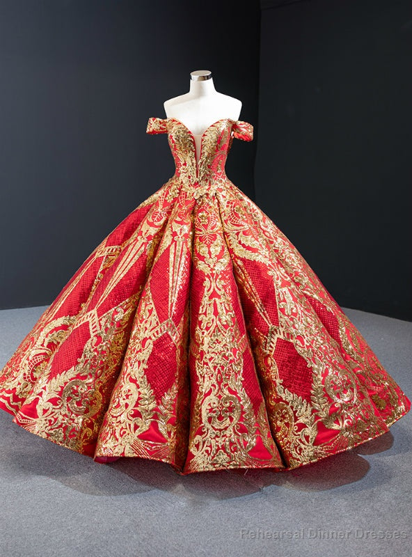 Red Ball Gown Gold Sequins Off the Shoulder Deep V-neck Prom Dress Main image