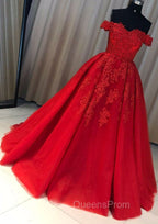Red Ball Gown Off-the-Shoulder Sleeveless Court Train Tulle Evening Prom Dress With Pleated Appliqued