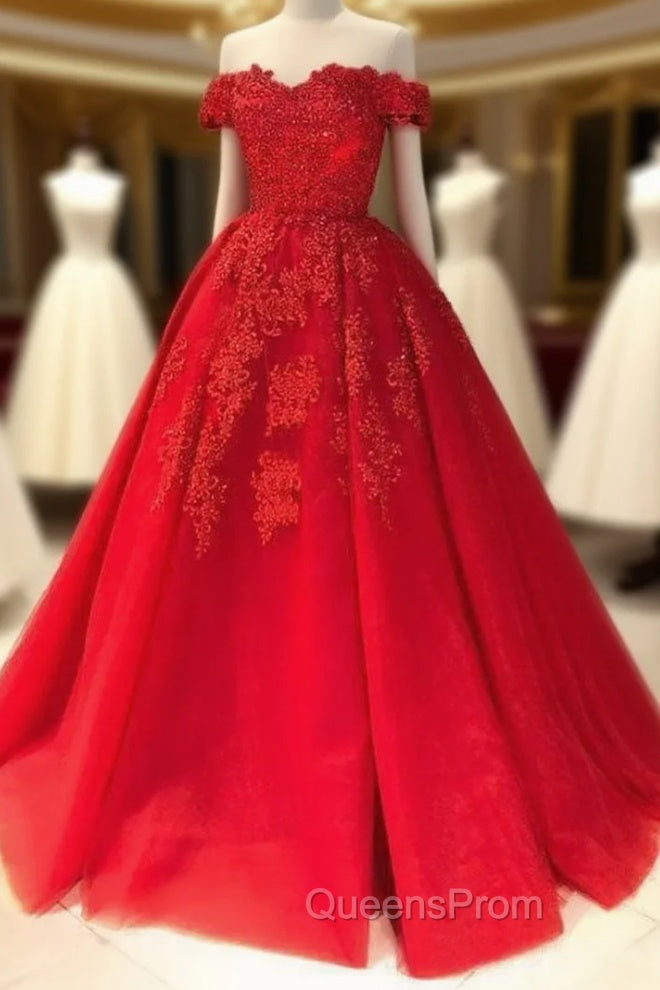 Red Ball Gown Off-the-Shoulder Sleeveless Court Train Tulle Evening Prom Dress With Pleated Appliqued Main image