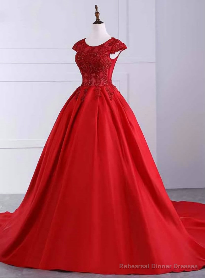 Red Ball Gown Satin Bright Red Scoop Cap Sleeve Prom Dresses Main image
