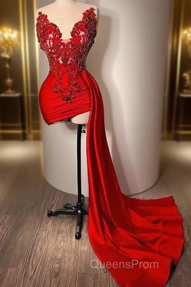 Red Beaded Appliques With Train Evening Prom Dress拢卢Sweetheart Mini Cocktail Evening Dress Main image