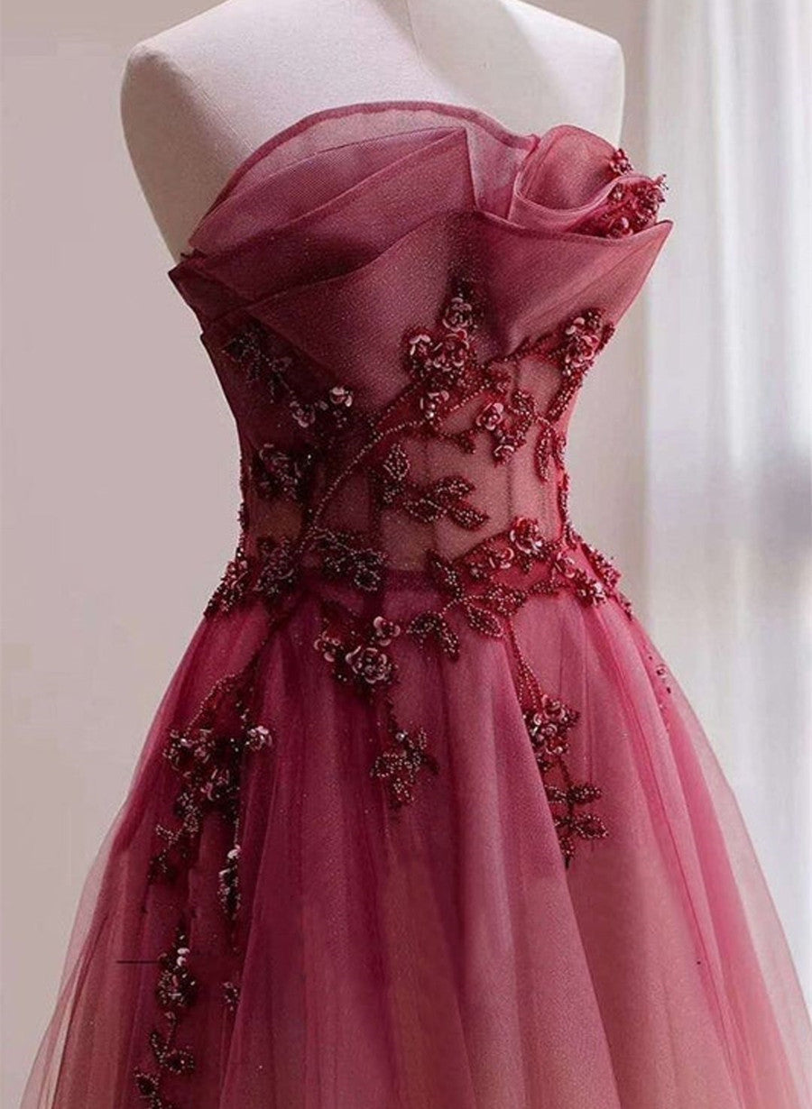 Red Beaded Gradient Tulle Long Party Dress, A-Line Elegant Lace-Up Classy Prom Dress