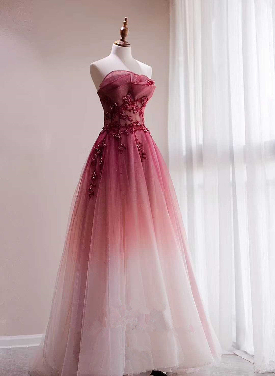 Red Beaded Gradient Tulle Long Party Dress, A-Line Elegant Lace-Up Classy Prom Dress