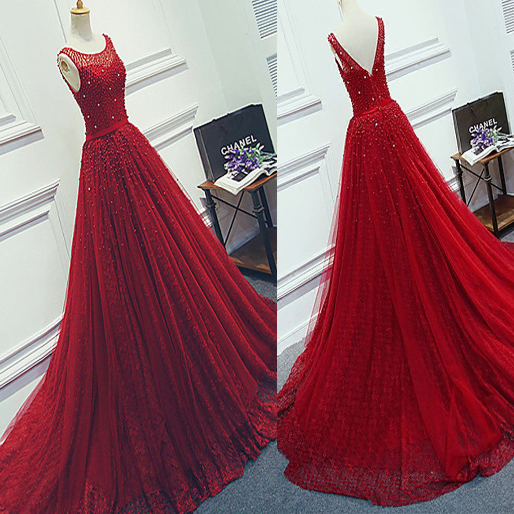 Red Beading Sparkly Unique Ball Gown Round Neck Classy Elegant Long Classy Prom Dress Secondary image