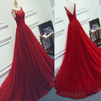 Red Beading Sparkly Unique Ball Gown Round Neck Classy Elegant Long Classy Prom Dress