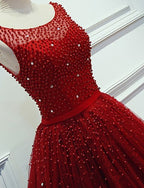 Red Beading Sparkly Unique Ball Gown Round Neck Classy Elegant Long Classy Prom Dress