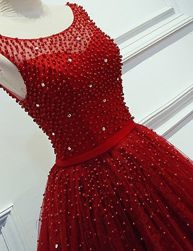 Red Beading Sparkly Unique Ball Gown Round Neck Classy Elegant Long Classy Prom Dress