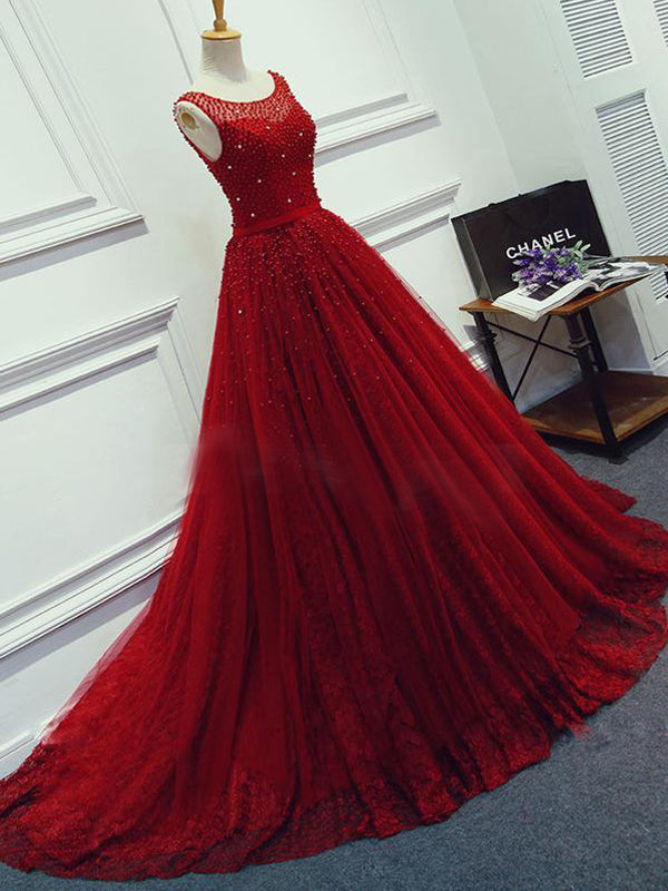 Red Beading Sparkly Unique Ball Gown Round Neck Classy Elegant Long Classy Prom Dress Main image