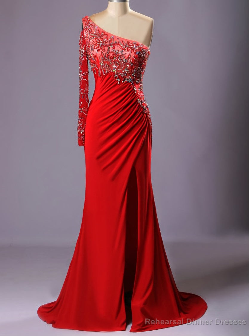 Red Bling One Shoulder Beads Crystal Vestido Para Formatura Longo Sexy Dress Main image