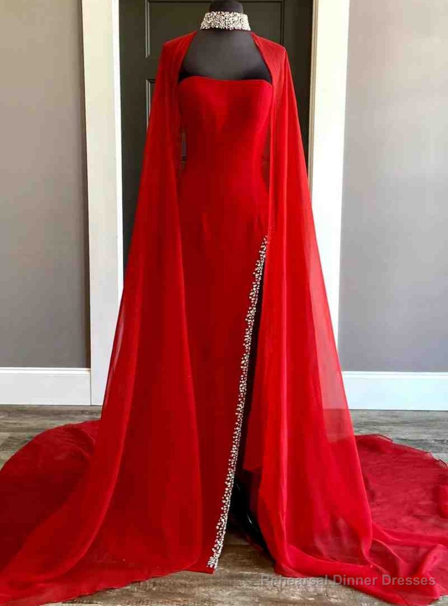 Red Chiffon Side Slit Beading Prom Dress With Cape
