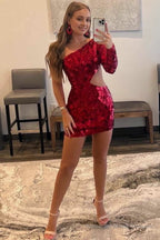 Red Cut Glass Mirror One-Sleeve Cutout Short Cocktail Gown