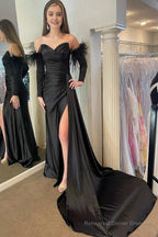 Red Detachable Long Sleeves Long Prom Dress with Feathers