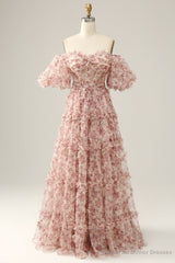 Red Floral Off the Shoulder Long Prom Dress