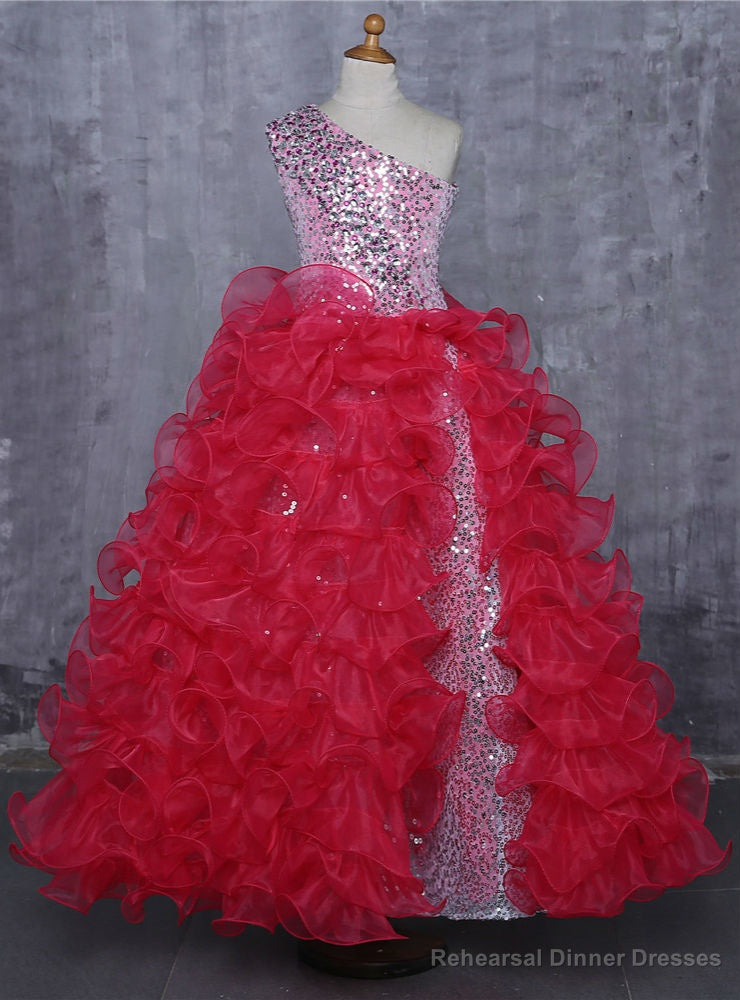 Red Girls Pageant Dresses For Weddings Ball Gown One-shoulder Main image