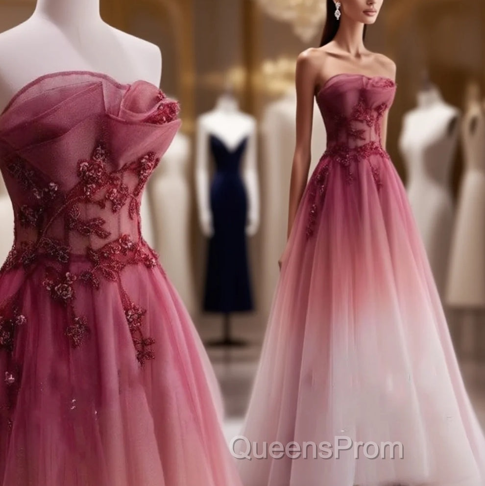 Red Gradient Evening Prom Dress Vintage Strapless Red Wedding Dress Evening Dress