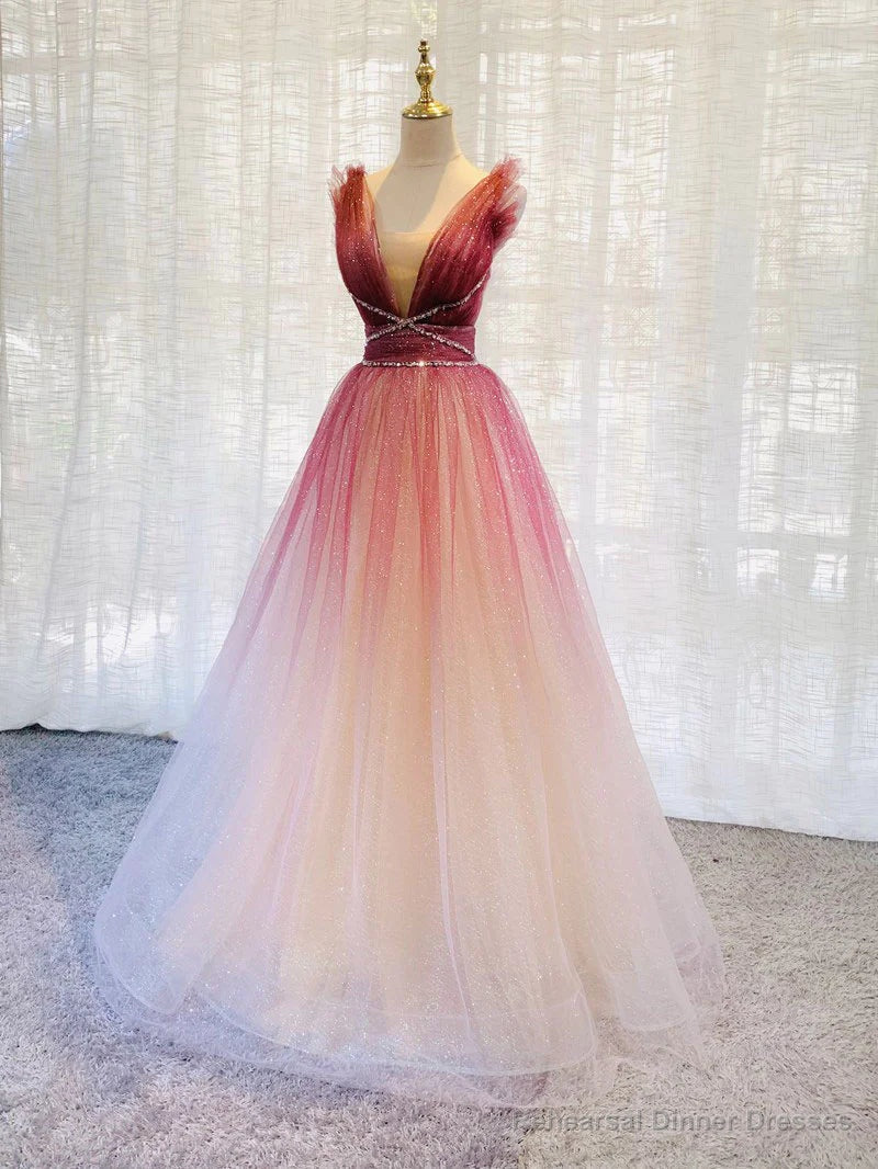 Red Gradient Tulle Beaded Long Party Dress Formal Dress, V-neckline Party Dresses Main image