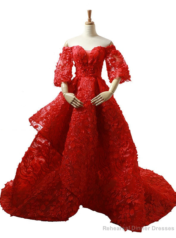 Red  Off The Shoulder Short Sleeve Train Wedding Dress Main image