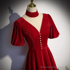 Red High Neckline Velvet Long Party Dress, Red Short Sleeves Velvet Prom Dress