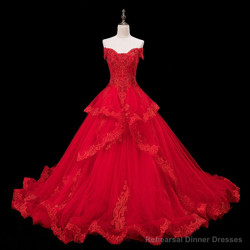 Red Lace and Tulle Gorgeous Off Shoulder Princess Sweet 16 Dress, Red Formal Gown Secondary image