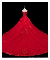 Red Lace and Tulle Gorgeous Off Shoulder Princess Sweet 16 Dress, Red Formal Gown