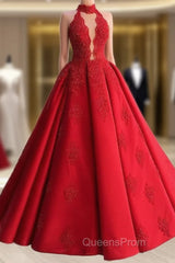 Red Lace Halter Ball Gown Satin Dress