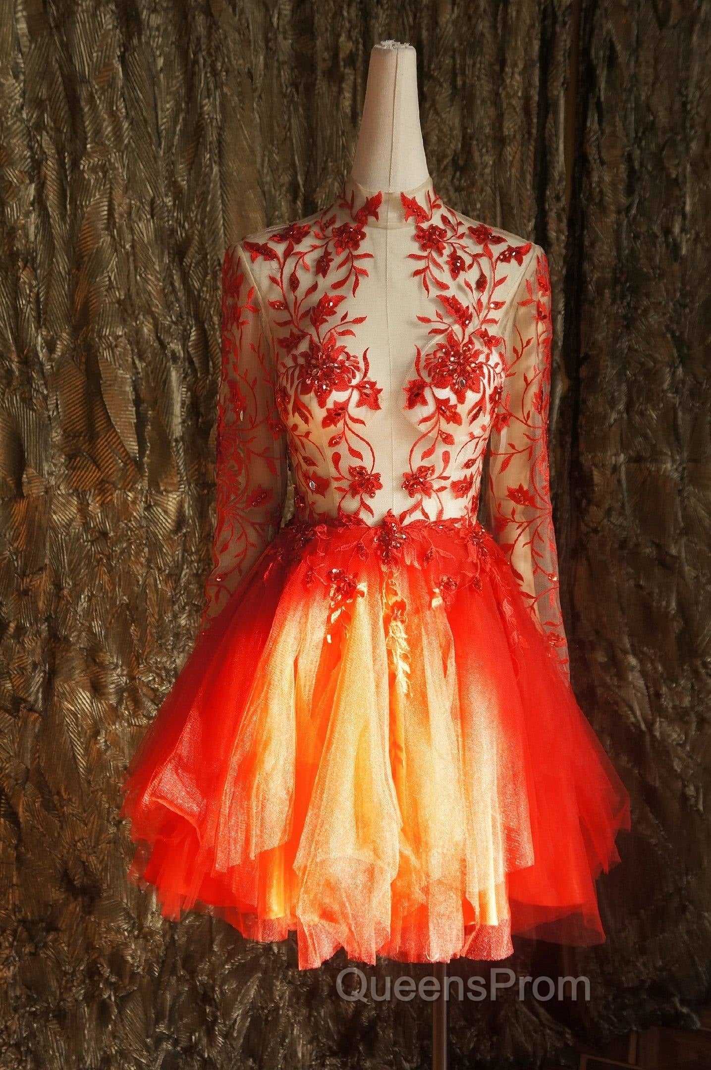 Red Lace Long Evening Prom Dress Red Tulle Lace Short Evening Prom Dress