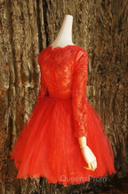 Red Lace Long Evening Prom Dress Red Tulle Lace Short Evening Prom Dress