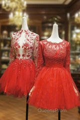 Red Lace Long Evening Prom Dress Red Tulle Lace Short Evening Prom Dress