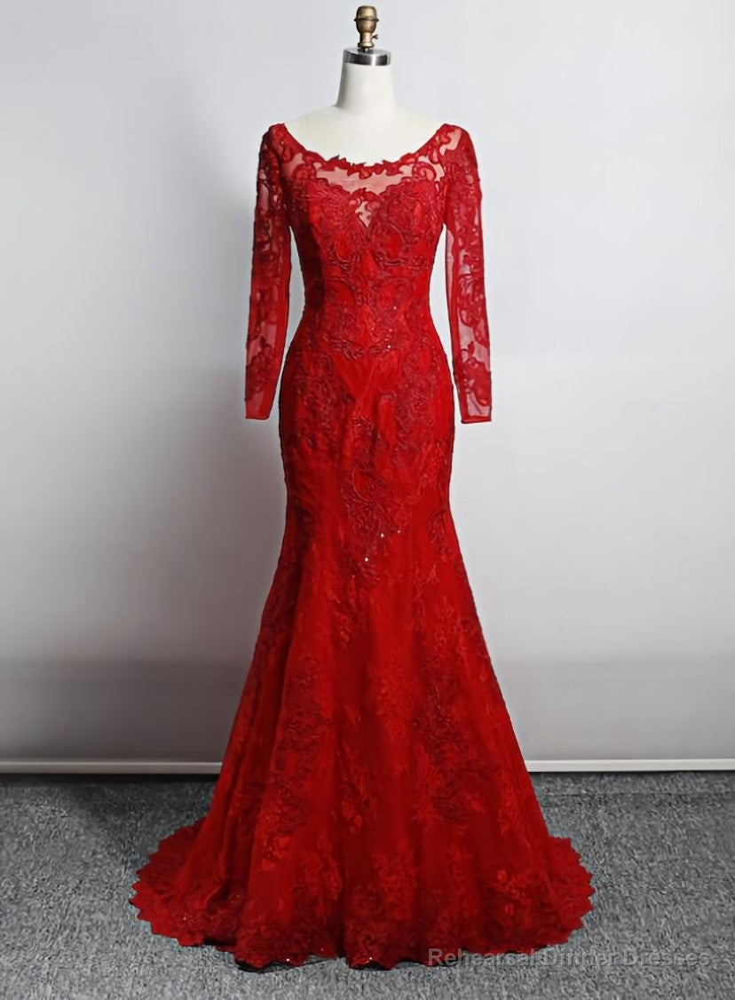 Red Lace Mermaid Long Sleeves Evening Gown, Red Lace Wedding Party Dress Main image