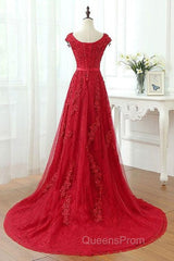 Red Lace Evening Prom Dress Cap Sleeves Formal Dress, Evening Dress, Dance Dress