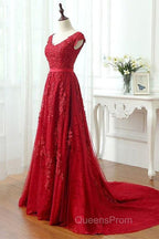 Red Lace Evening Prom Dress Cap Sleeves Formal Dress, Evening Dress, Dance Dress
