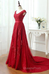 Red Lace Evening Prom Dress Cap Sleeves Formal Dress, Evening Dress, Dance Dress