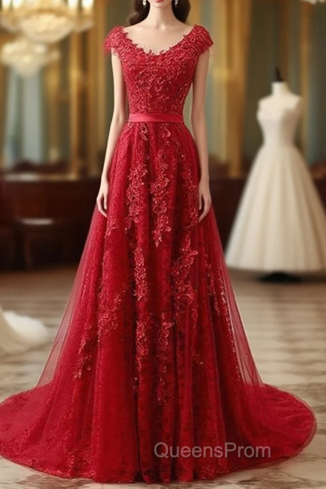 Red Lace Evening Prom Dress Cap Sleeves Formal Dress, Evening Dress, Dance Dress Main image