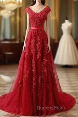 Red Lace Evening Prom Dress Cap Sleeves Formal Dress, Evening Dress, Dance Dress