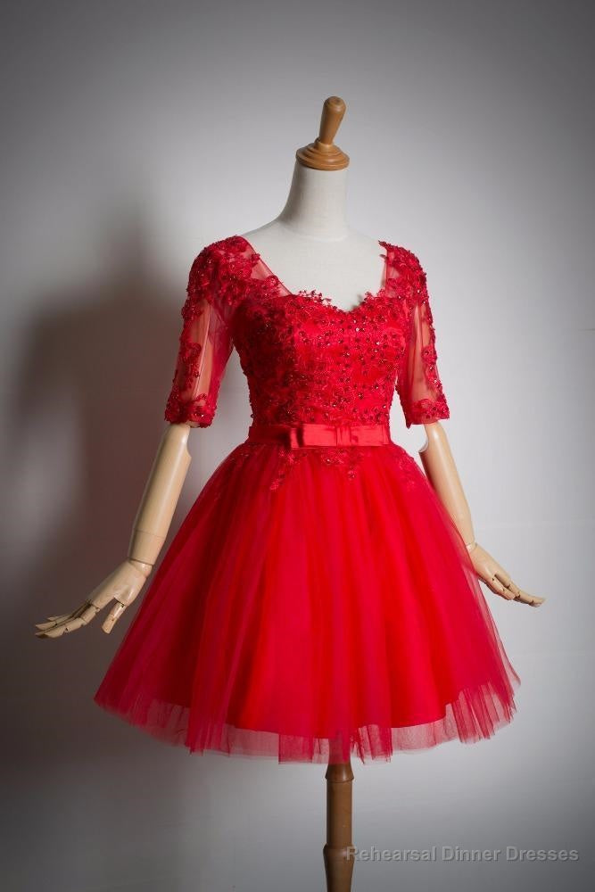 Red Lace Short Sleeves Tulle Knee Length Party Dresses, Red Short Formal Dresses Main image