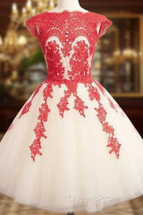 Red Lace Tulle Short Evening Prom Dress, Homecoming Dress