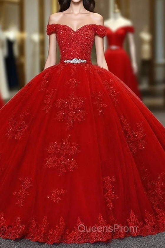 Red Long Princess Off the Shoulder Tulle Lace Wedding Dress Main image
