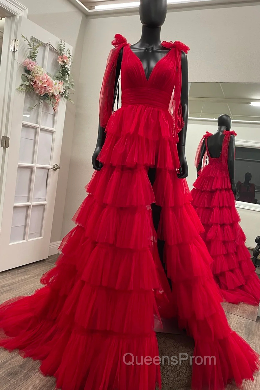Red Long Evening Prom Dress Princess A Line V Neck Party Evening Dress with Ruffles Secondary image