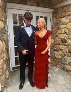Long Red Classy Prom Dress, Sexy Lace Classy Evening Dress With Slit