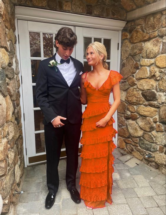 Long Red Classy Prom Dress, Sexy Lace Classy Evening Dress With Slit