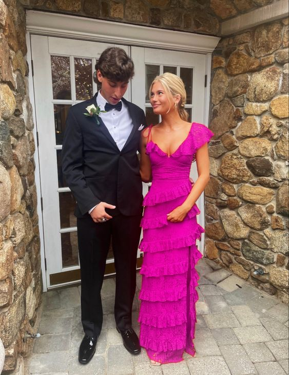 Long Red Classy Prom Dress, Sexy Lace Classy Evening Dress With Slit
